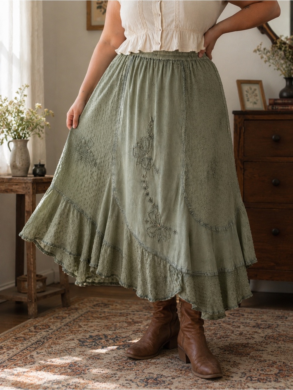 Claire France Sage Green Embroidered Boho Midi Skirt | 1X | Cottagecore